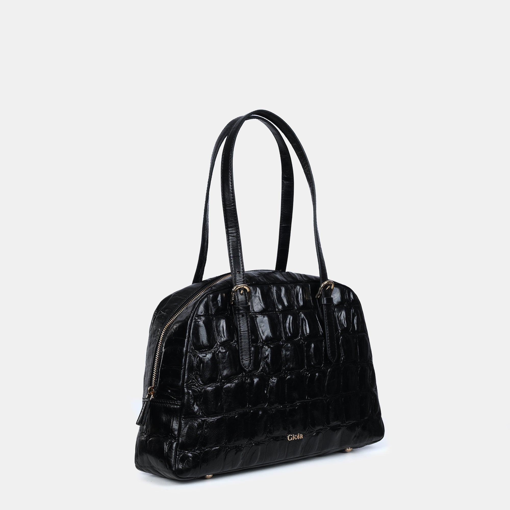 Claire Croco Embossed Leather Medium Shoulder Bag#Color_Black