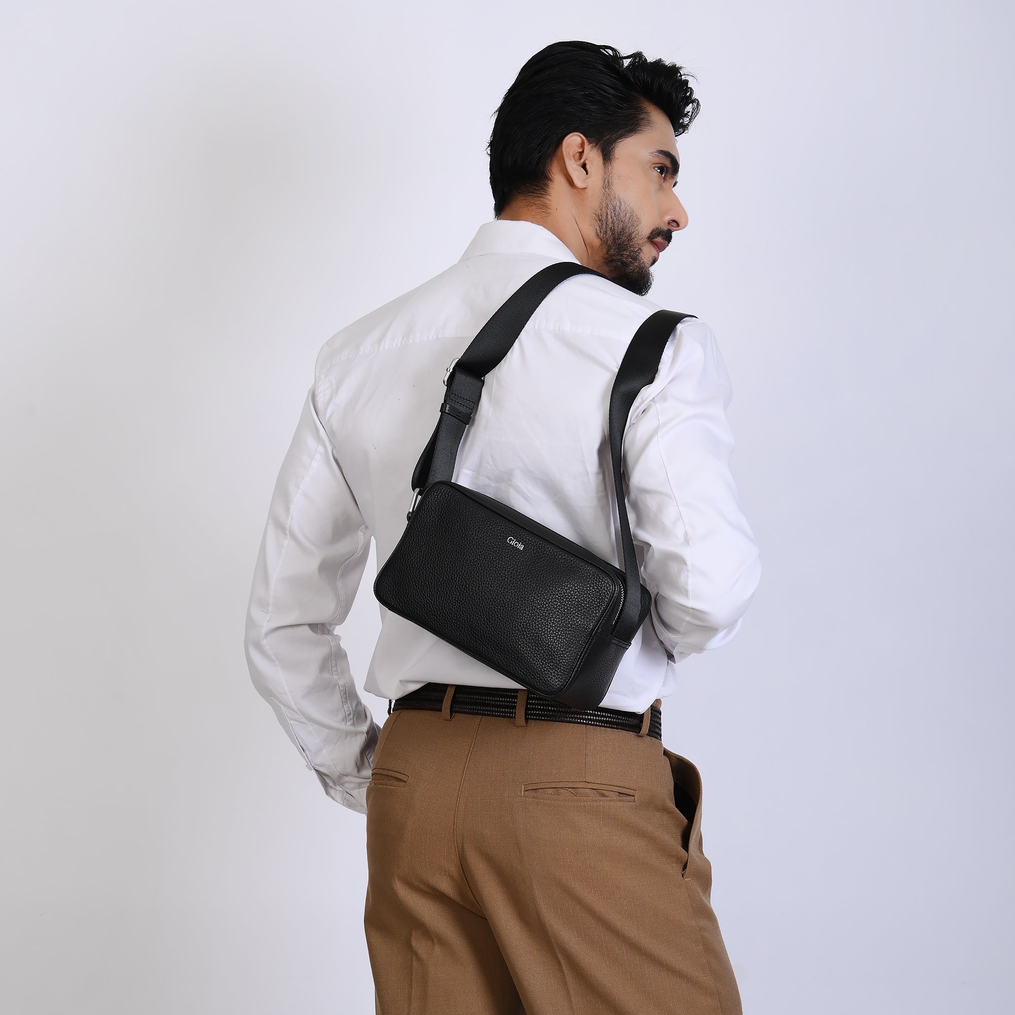 Mario Double Zip Leather Crossbody Bag#Color_Black