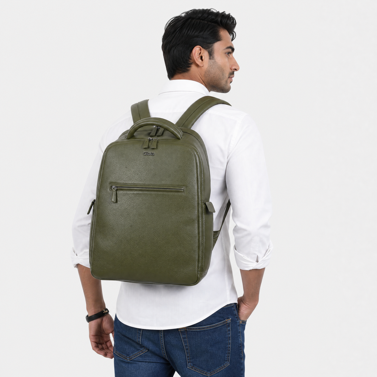 Mario Leather Backpack Large#Color_Olive