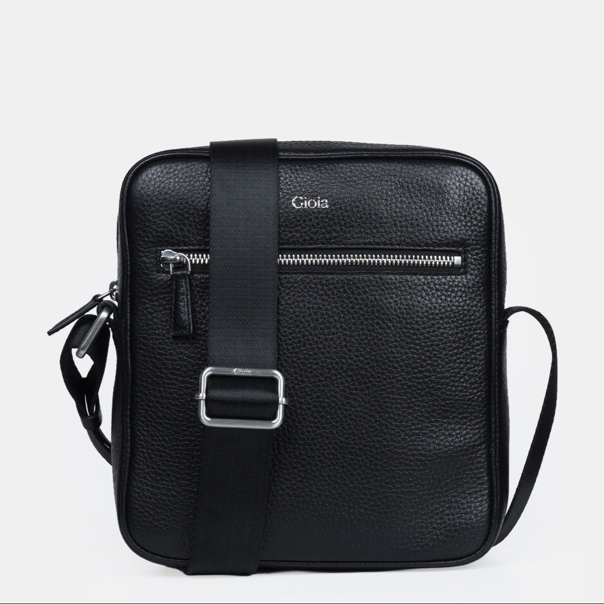 Mario Front Zip Leather Crossbody Bag#Color_Black