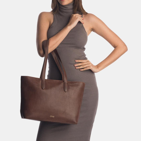 Grace Top Zip Leather Tote#Color_Brown