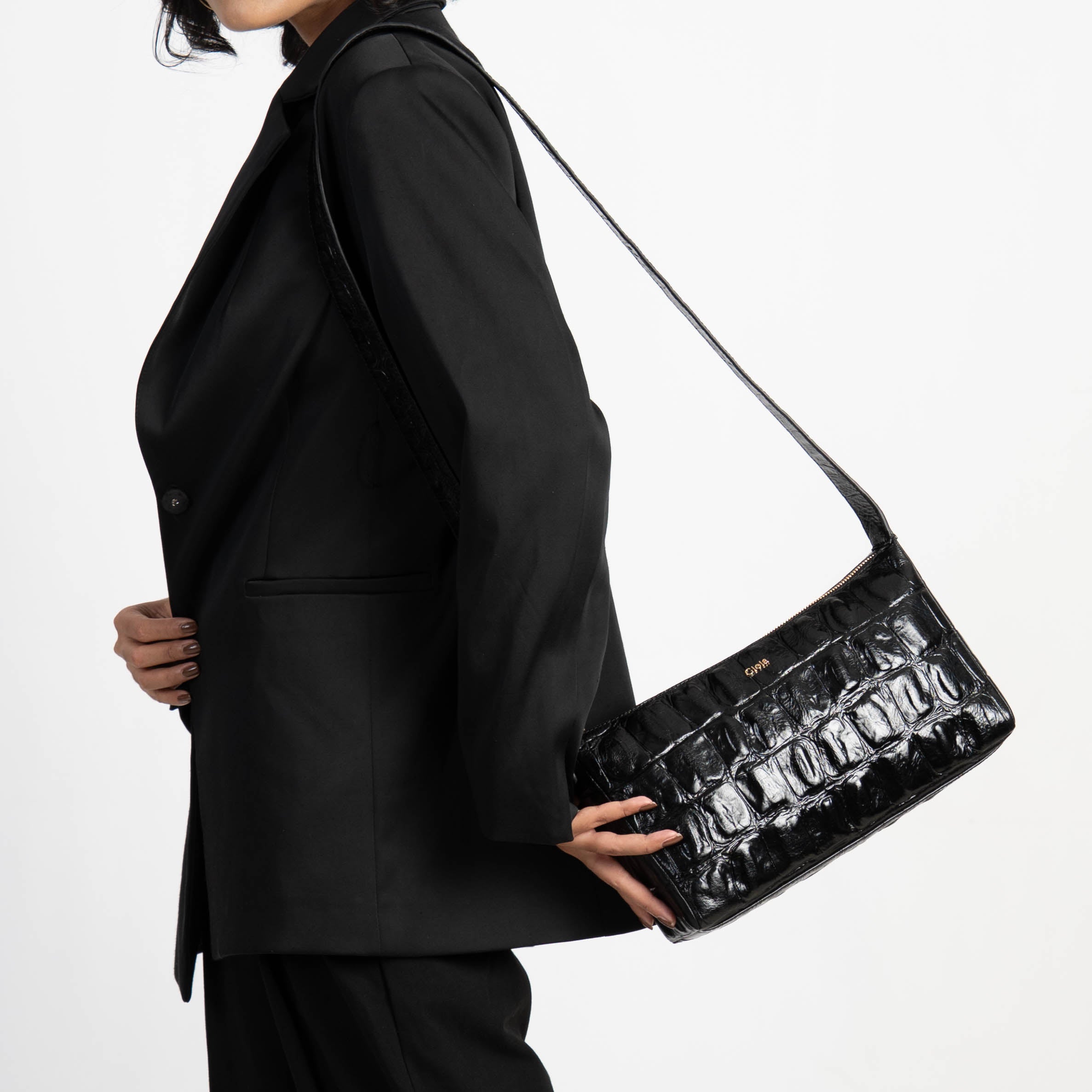 Claire Croco Embossed Leather Small Crossbody Bag#Color_Black