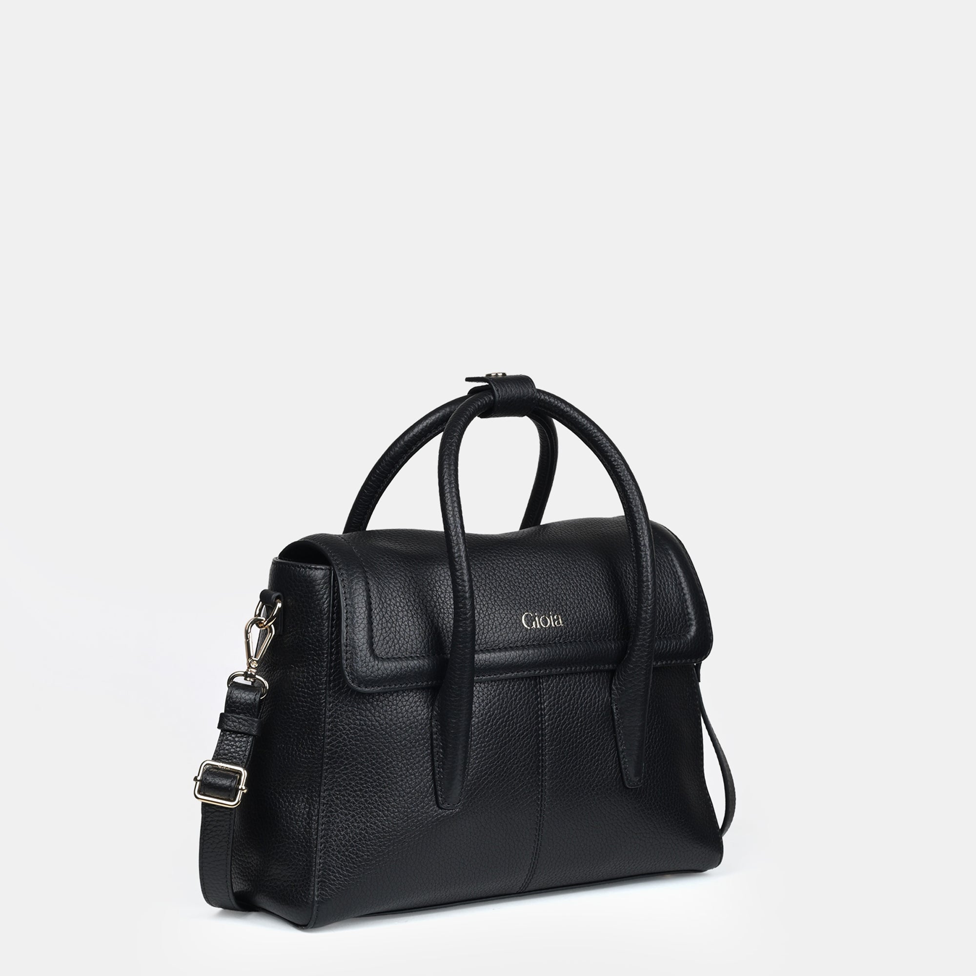 Anna Medium Leather Flapover Tote#Color_Black