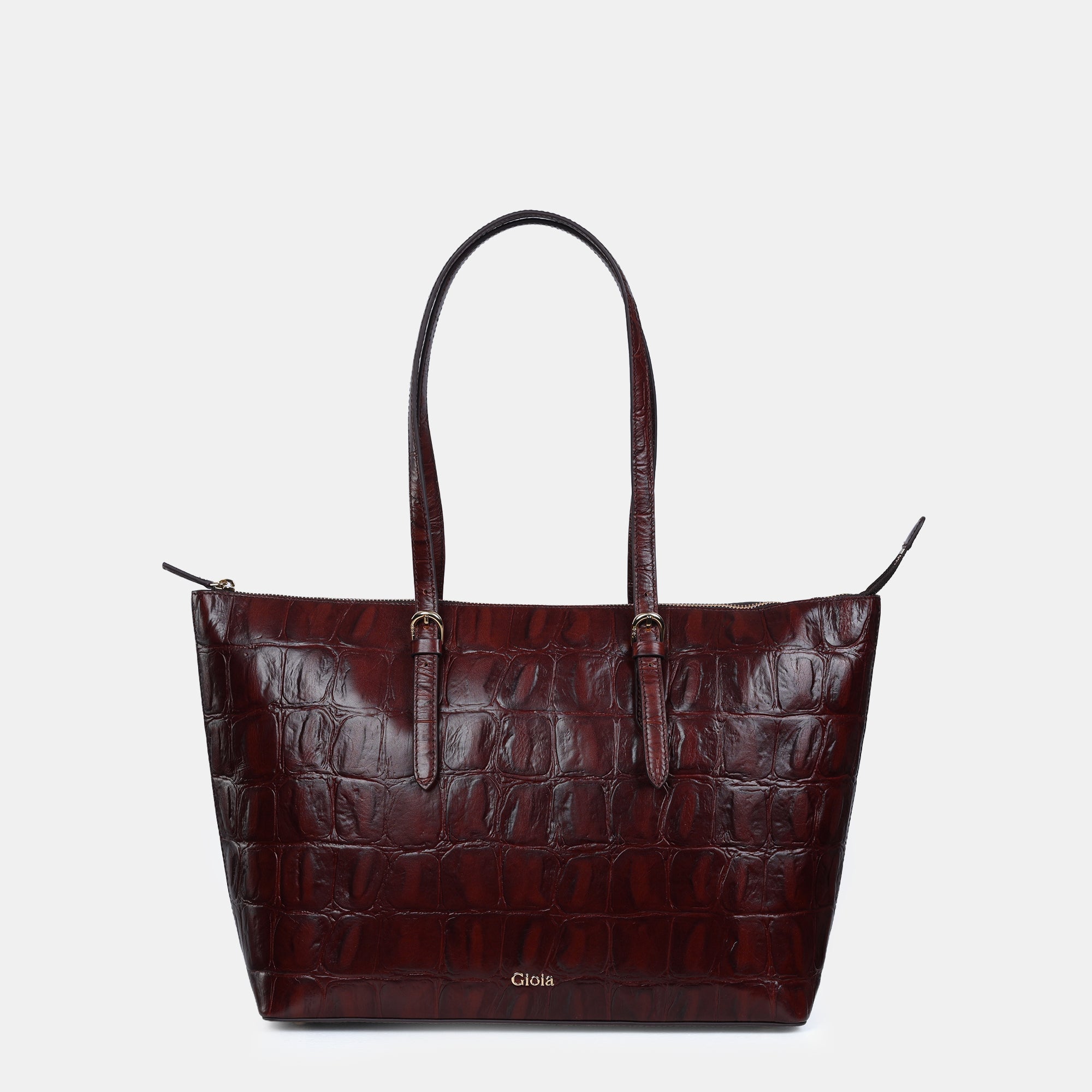 Claire Croco Embossed Leather Tote#Color_Brown