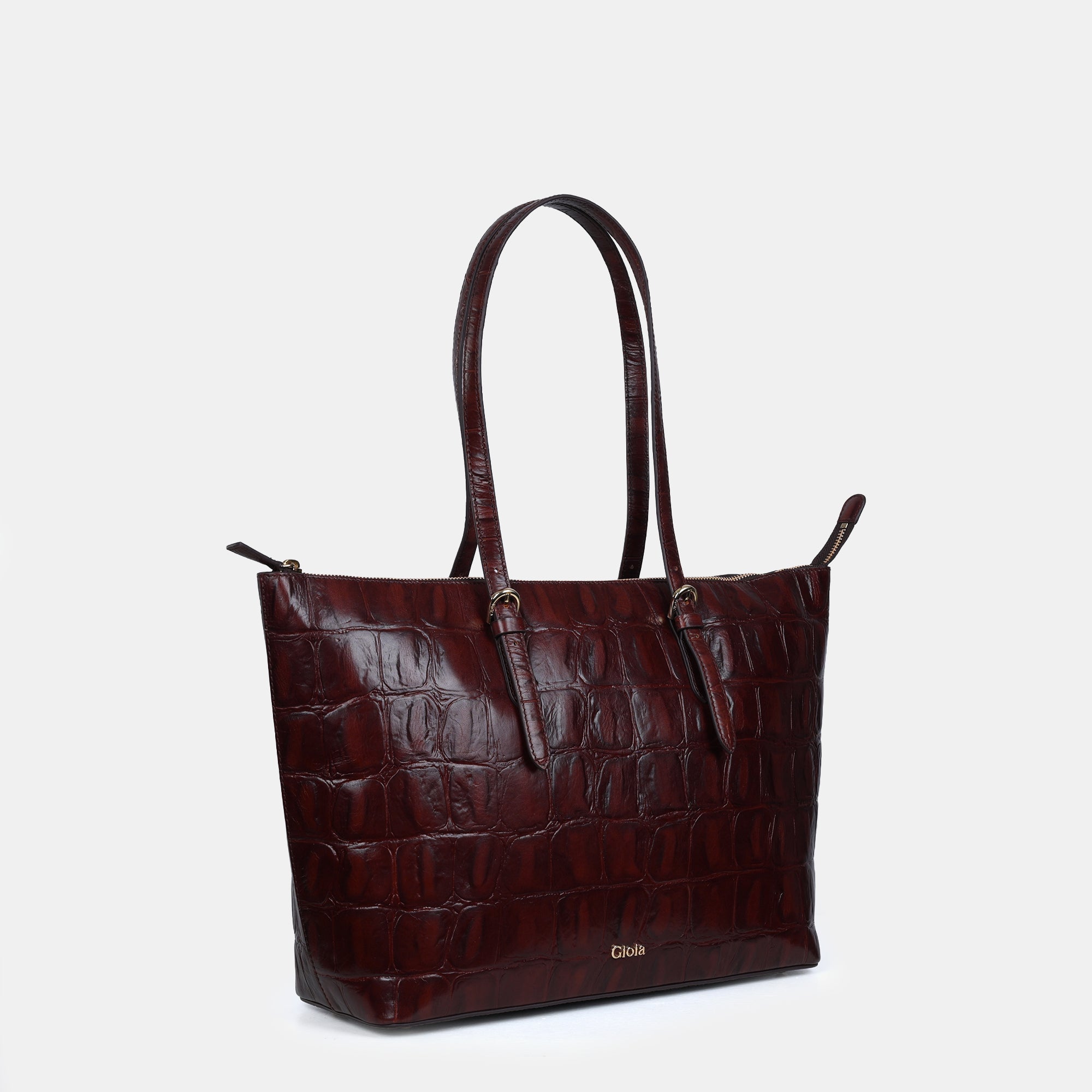 Claire Croco Embossed Leather Tote#Color_Brown