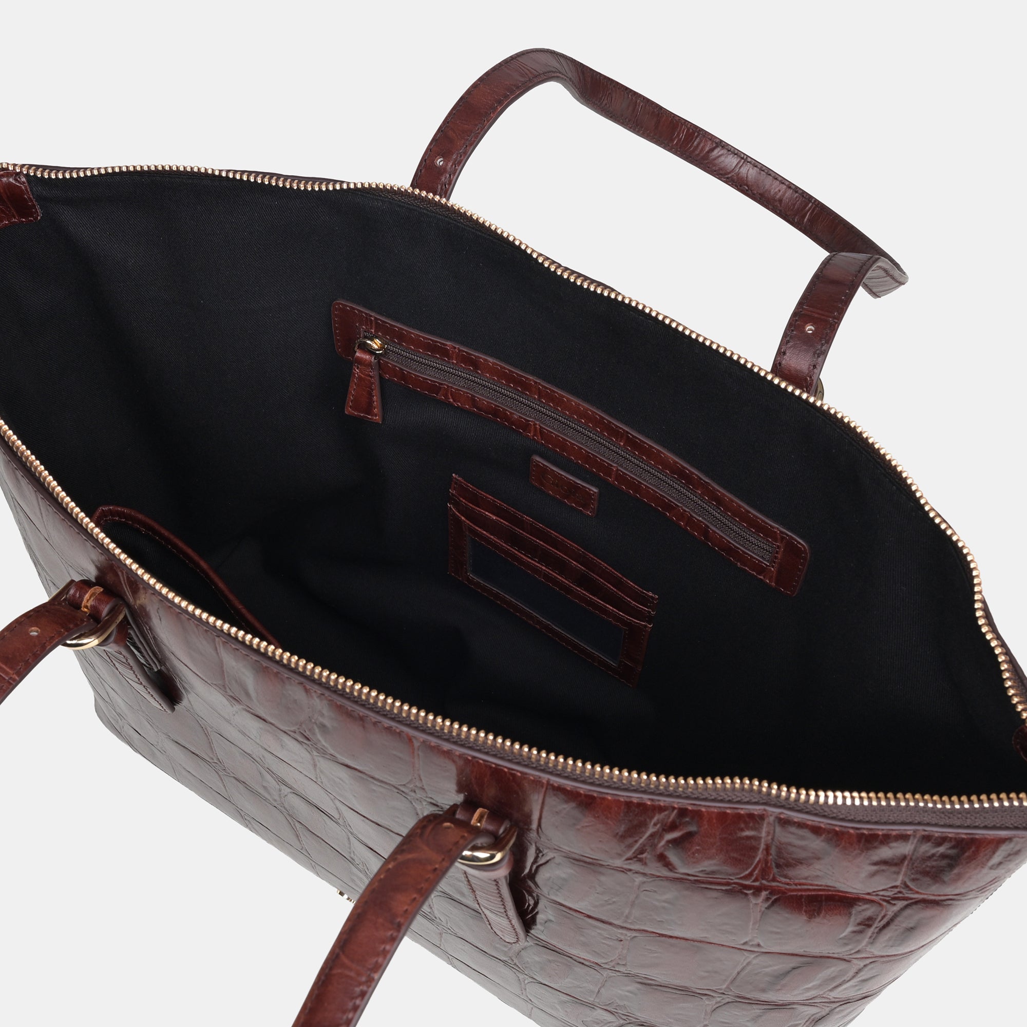 Claire Croco Embossed Leather Tote#Color_Brown