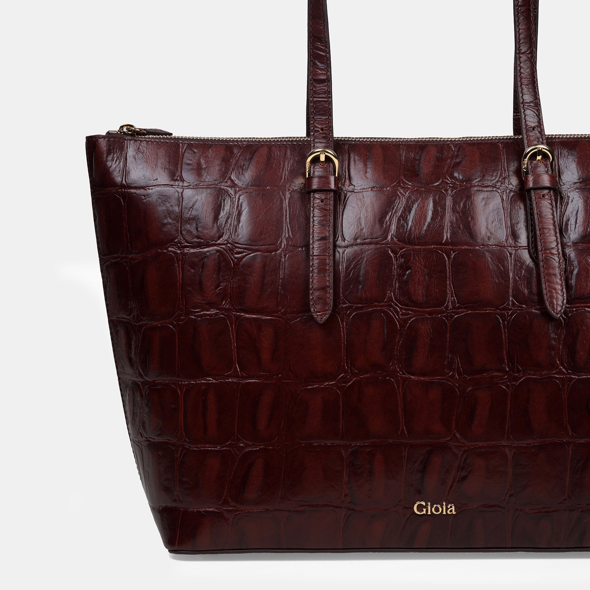 Claire Croco Embossed Leather Tote#Color_Brown
