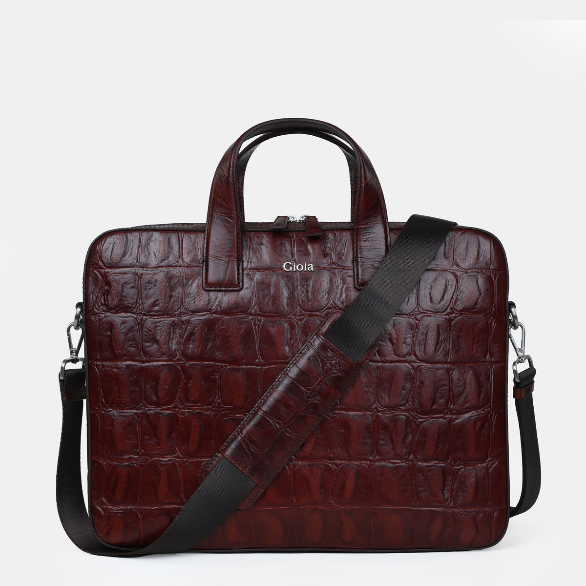 Lucas Croco Embossed Leather Laptop Bag#Color_Dark Brown