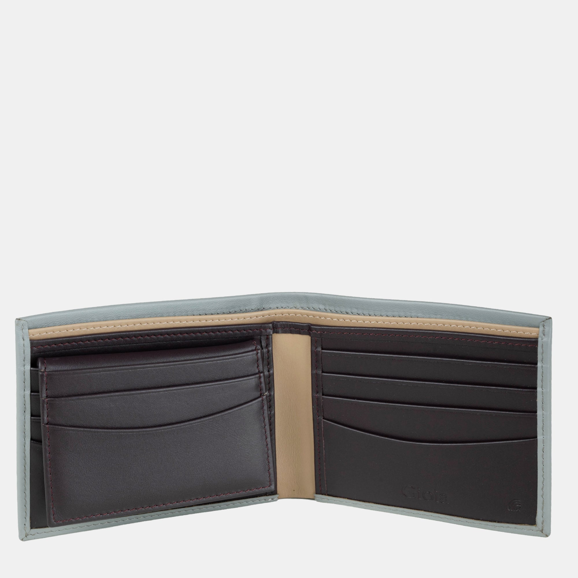 Multi-Color Bifold Wallet 10 cc with Coin Case and ID Insert#color_Grey-Brown-Peach