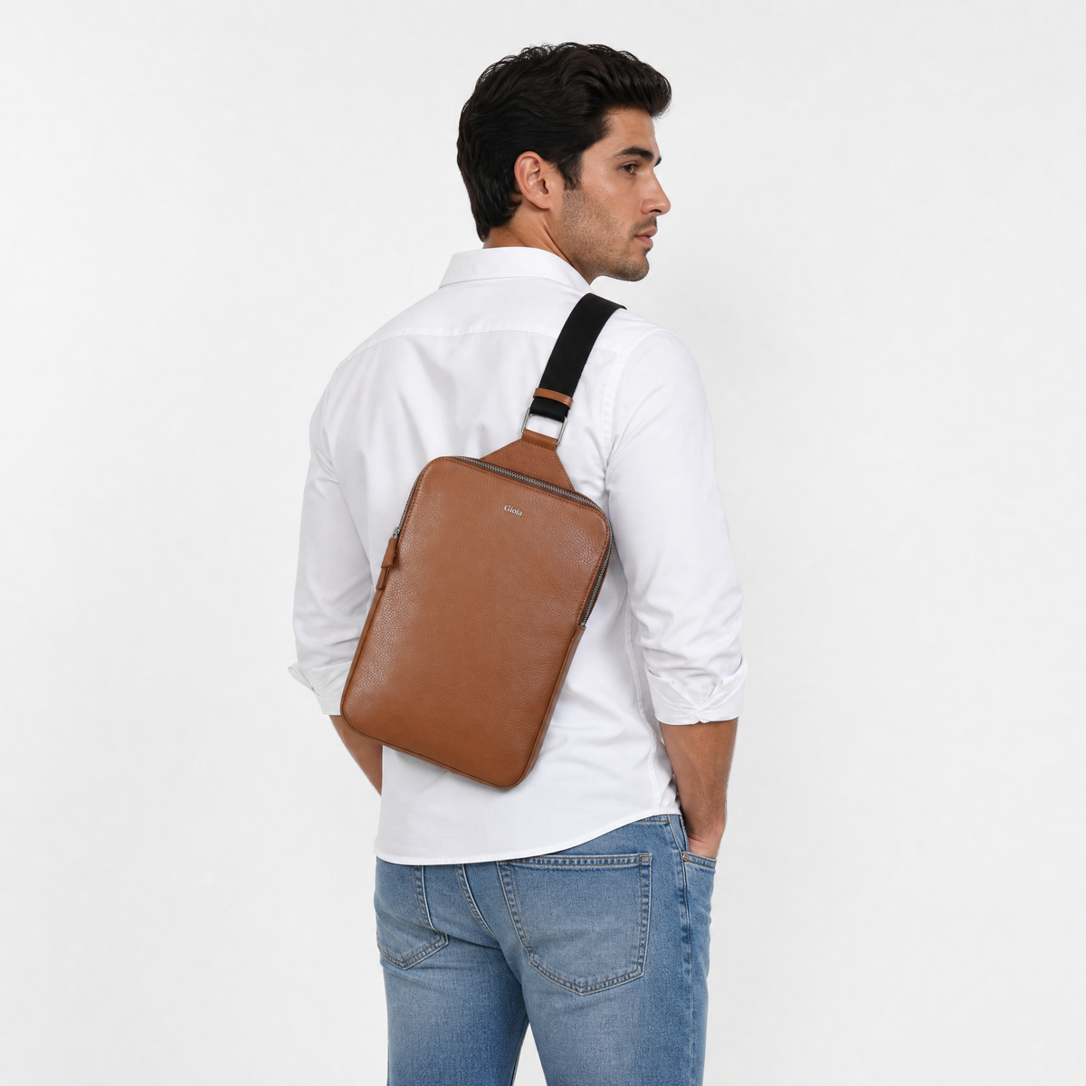 Mario V leather Crossbody Bag#Color_Tan