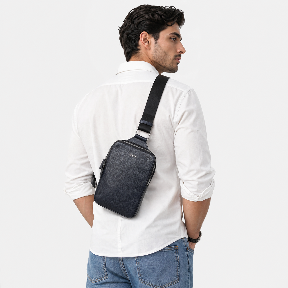 Mario V leather Crossbody Bag Small#Color_Navy