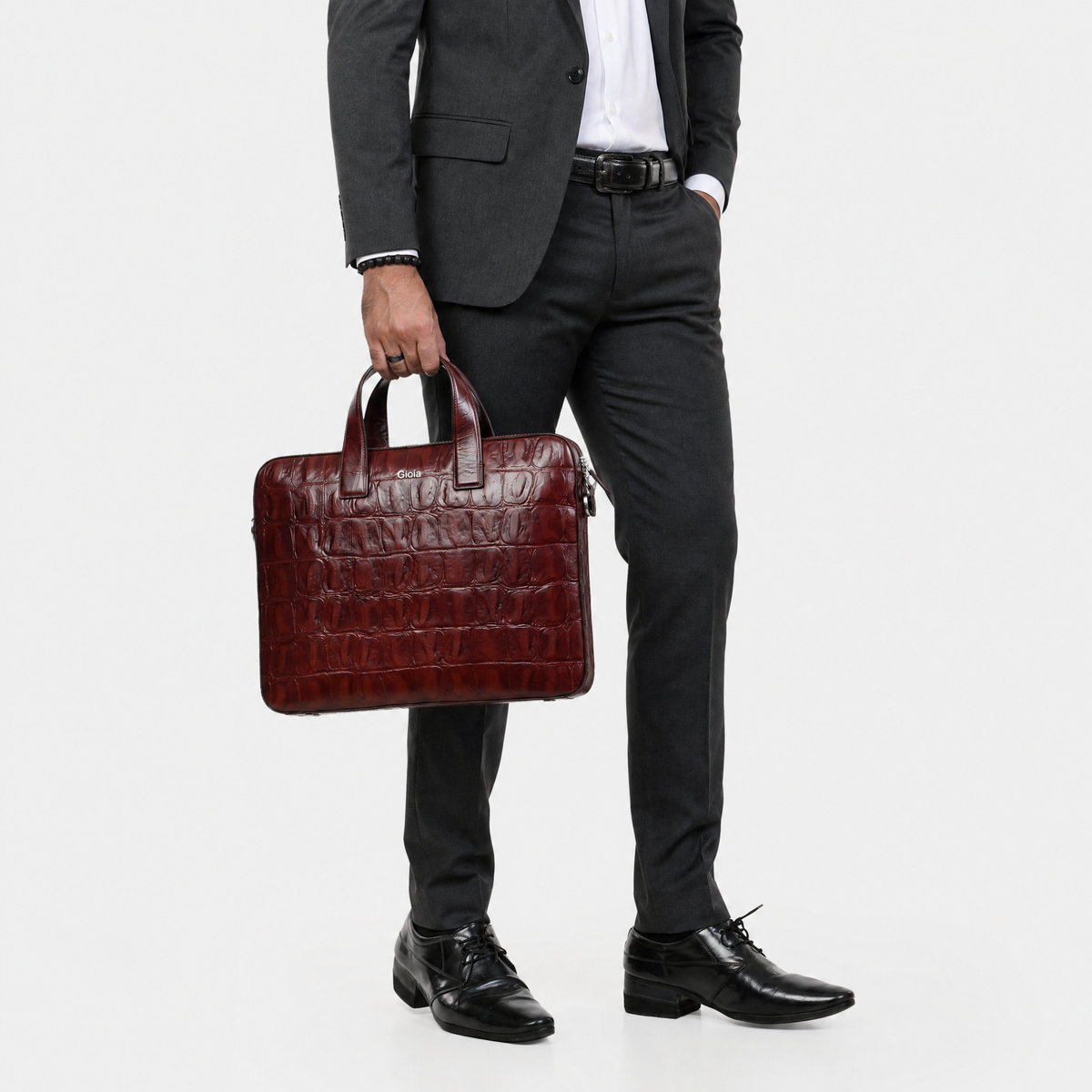 Lucas Croco Embossed Leather Laptop Bag#Color_Dark Brown