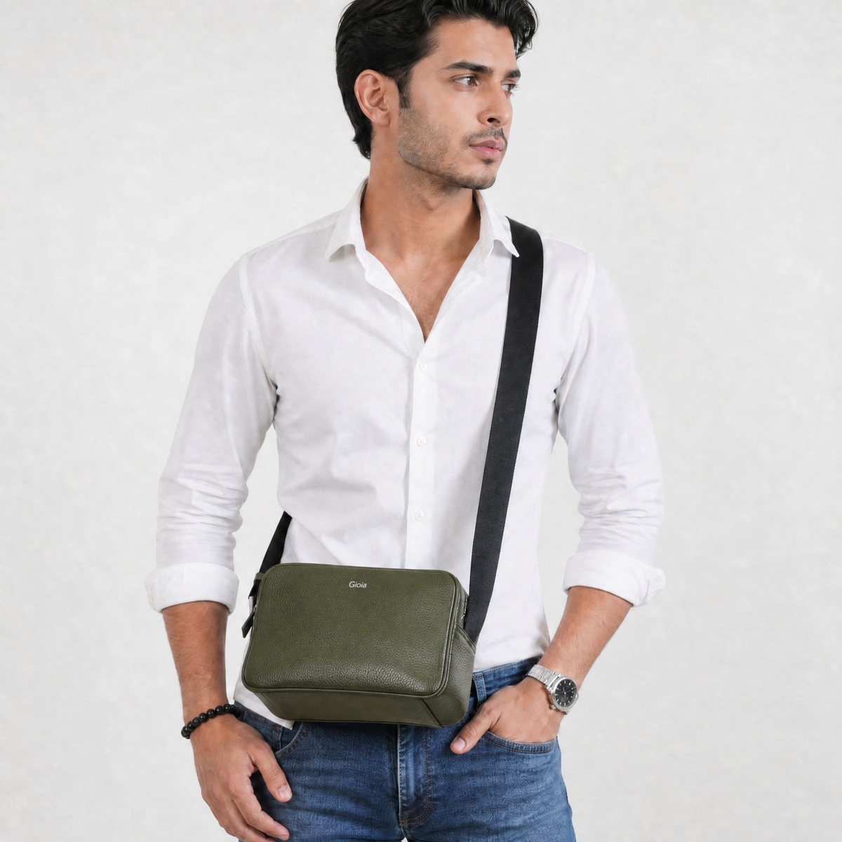 Mario Double Zip Leather  Crossbody Bag#Color_Olive