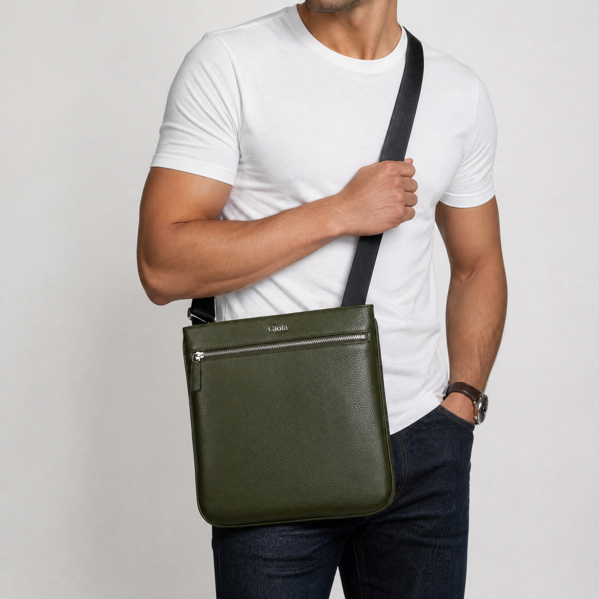 Mario Slim Leather Crossbody#Color_Olive