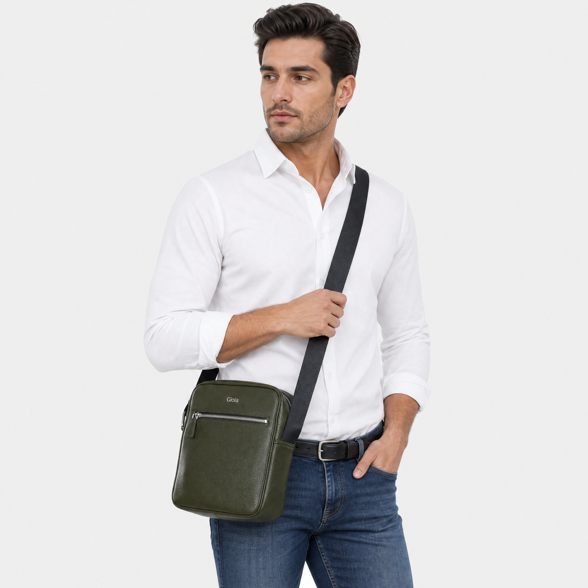 Mario Front Zip Leather Crossbody Bag#Color_Olive