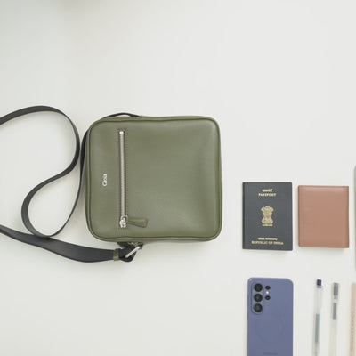 Mario Front Zip Leather Crossbody Bag#Color_Olive