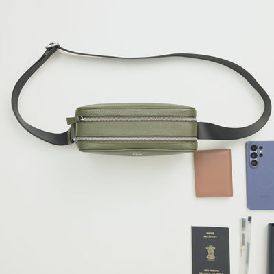 Mario Double Zip Leather  Crossbody Bag#Color_Olive